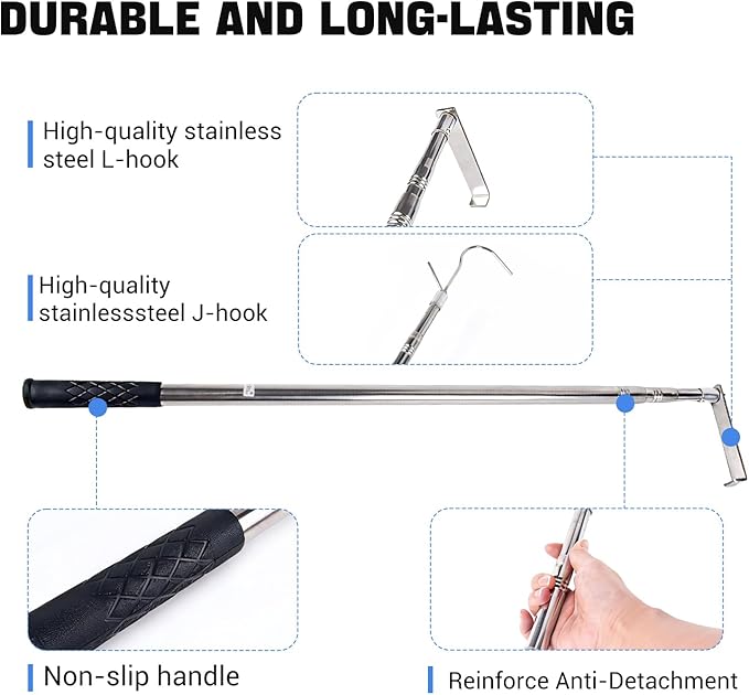 Grabber Reacher Tool,6.3 FT Reacher Grabber Pickup Tool for Heavy Duty Pickup Trucks Bed,Accessories and More Telescoping Pole with 2 Hooks-Silver