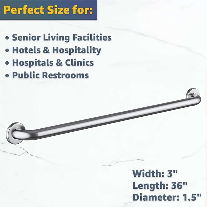 36″ Stainless Steel Restroom Grab Bar for Elderly - Heavy-Duty Wall Mounted Safety Handrail, 250 lb Support Handle for Toilet, Shower, Bathroom, Commercial & Home Use