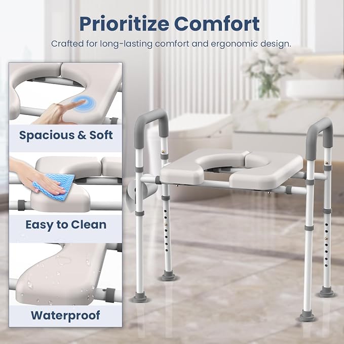 Raised Toilet Seat with Handles - Width & Height Adjustable Toilet Seat Riser for Seniors, Handicap and Disabled, 400lbs Soft Toilet Riser with Handles for Elderly, Pregnant, Fit Any Toilets