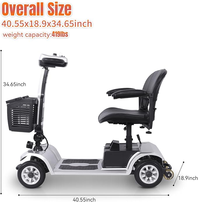 4 Wheel Mobility Scooter for Seniors & Adults Easy to Use Operate and Foldable ,Heavy Duty 418 LBS, 12.4 Mile Range, Tight Turning Radius