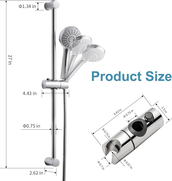 OFFO Shower Slide Bar Combo, Adjustable 27 in Slide Bar with 3-Mode Round Handheld Shower Head and 60 in Stainless Steel Hose, Screw Wall Mounted, Chrome Finish