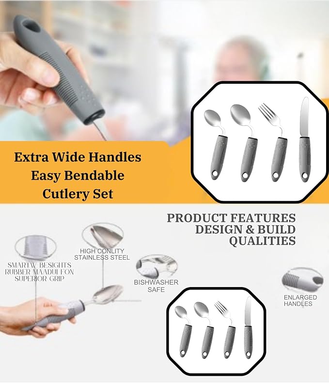 4Pcs Weighted Adaptive Utensils 42° Angled Parkinsons Utensils, Weighted Utensils for Hand Tremors and Parkinsons Patients, Arthritis Silverware for Elderly & Seniors (B-RH-Grey)