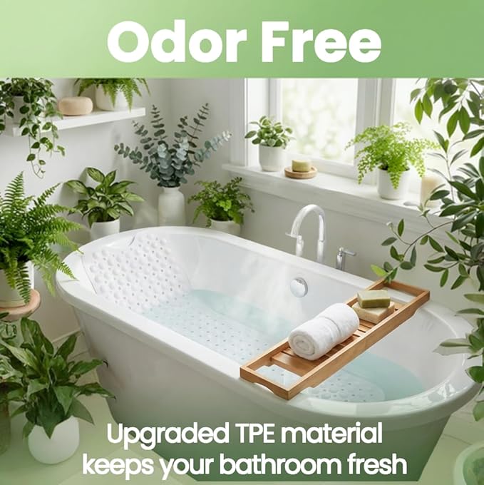 Minimalist TPE Bath Mat for Tub & Shower, Non-Slip Bathtub Mat with Suction Cups, Soft and Comfortable Shower Mat, Quick Drain Holes, Machine Washable, Large Bathroom Mat, White