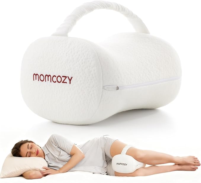Momcozy Knee Pillow for Side Sleepers, Soft Memory Foam & Pinch-Free Design, Relieve Knee, Leg and Sciatica Pain, Adjustable Elastic Strap Ideal for Pregnant Women and Seniors, White