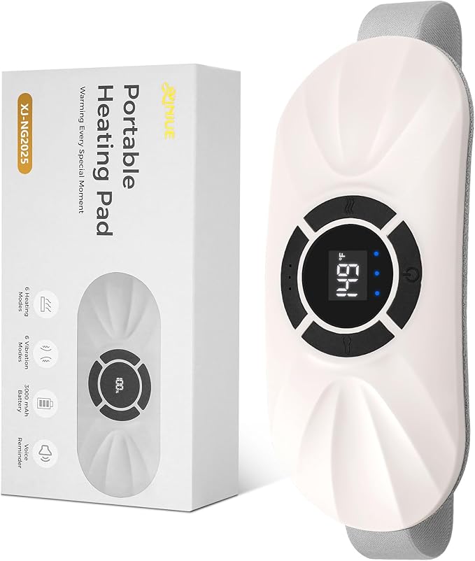 Portable Cordless Heating Pad for Period Cramps, Voice Reminder Menstrual Heating Pad with 6 Heat Levels and 6 Massage Modes, 3s Fast Heating, Gifts for Women Girls, White