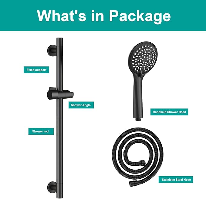 Shower Slide Bar Handheld Shower Head with Hose, 5-Function Hand Shower with Wall Mount，shower slide bar,adjustable height shower head (A-round, Matte Black)