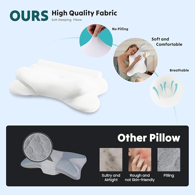 DUMOS Cervical Neck Pillow for Sleeping, Cooling Ergonomic Memory Foam Pillow with Arm Rest Slot and Ice Silk Pillowcase, Dual Height Orthopedic Support Contour for Side, Back, Stomach Sleepers