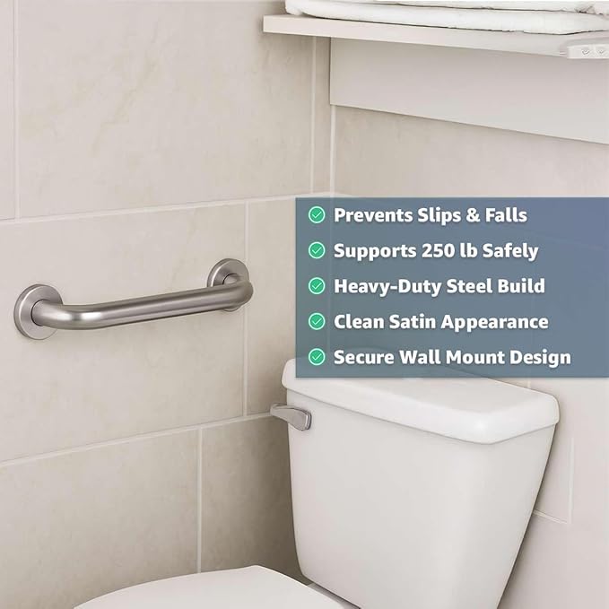 12″ Stainless Steel Grab Bar for Elderly - Wall-Mounted Safety Handle for Toilet, Shower & Restroom, 250 lb Capacity, Satin Finish, Durable Bathroom Rail for Home & Commercial Use