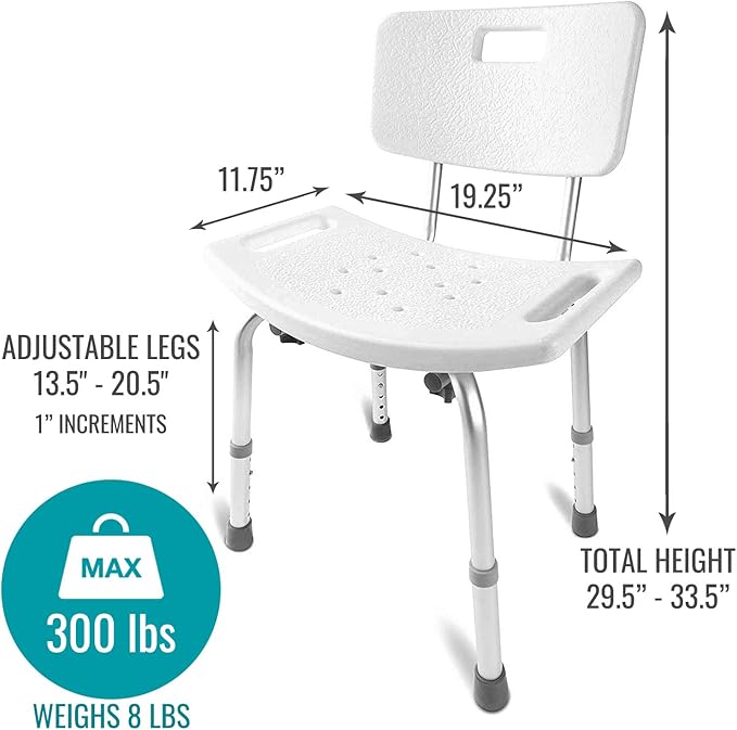 DMI Shower Chair Bath Seat for Tub or Shower Bench for inside shower, Made of Non Slip Aluminum with Plastic Seat, No Tools Needed, Adjustable Height, Holds Weight up to 300 Pounds, Bath Chair, White