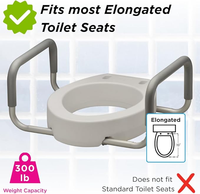 NOVA Raised Toilet Seat with Handles for Seniors – Elongated Toilet Riser with Safety Grab Bars, Elevated Toilet Seat for Elderly, Disabled & Post-Surgery Support - Elongated Toilet