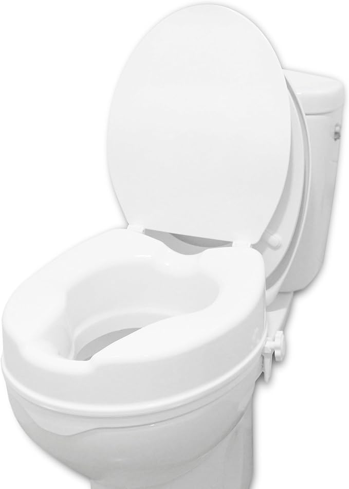 PEPE Mobility Raised Toilet Seat with Lid for Elderly 4" High, Fits Round and Elongated up to 15" Wide, Commode Seat with Sturdy Brackets, Medical Aid