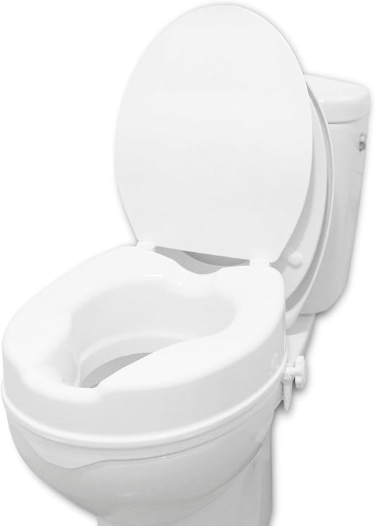 PEPE Mobility Raised Toilet Seat with Lid for Elderly 4" High, Fits Round and Elongated up to 15" Wide, Commode Seat with Sturdy Brackets, Medical Aid