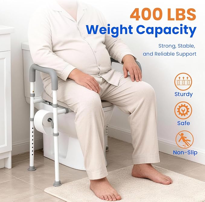 Raised Toilet Seat with Handles - Width & Height Adjustable Toilet Seat Risers for Seniors, Heavy Duty Handicap Toilet Riser, Fit Any Toilet, Up to 400lbs