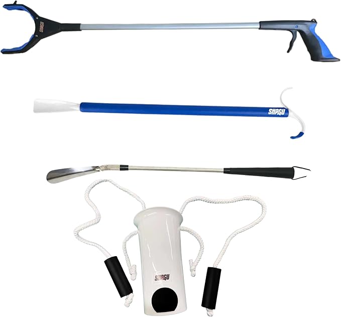 Long Shoe Horn, Grabber Reacher Tool, Sock Aid Device, and Sock Puller Aid Bundle by Shagu. Helpful Compression Sock Aid Device, Sock Puller Aid Easy On and Off, Long Shoehorn, and Trash Grabber Tool.