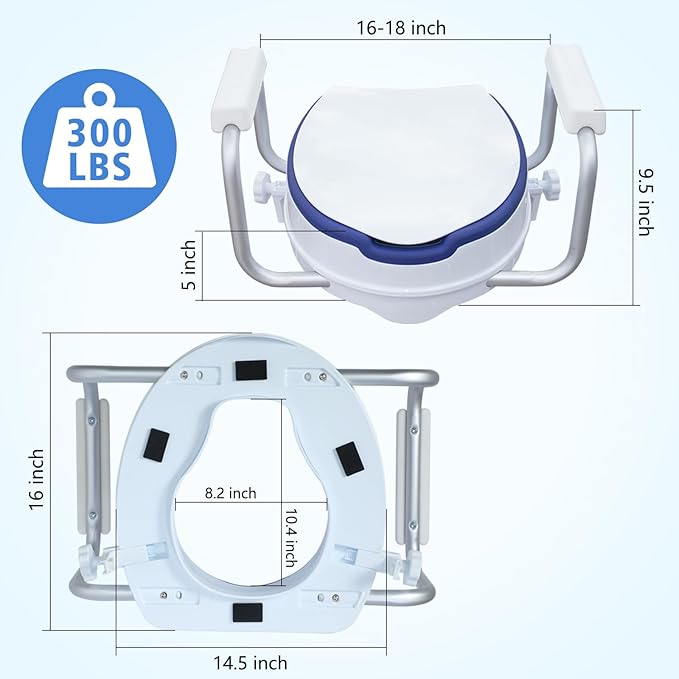 Travel Toilet Seat Risers for Seniors, Padded Elevated Toilet Seat with Handles for Round Toilets Only, Travel-Friendly, 5 Inch Height, Support to 300 LBS