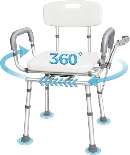 Swivel Shower Chair with Arms and Back, 450lbs Heavy Duty Shower Chair for Elderly and Disabled, Handicap Shower Chairs for Inside Shower Stool & Bath Tub Seat for Adults