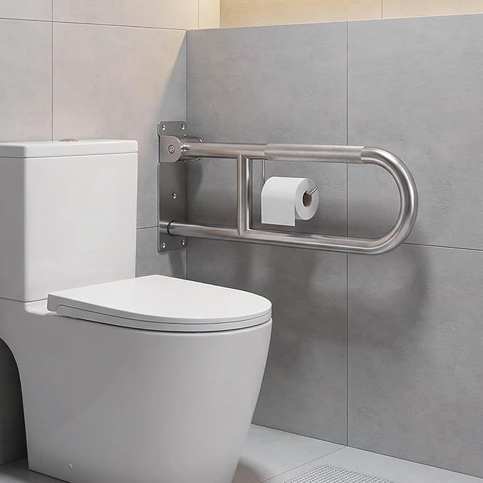 U-Shaped Toilet Grab Bar, Flip-Up Bathroom Safety Rail with Paper Holder, Wall Mounted Anti-Slip Support Handle for Elderly, Disabled & Post-Surgery Assistance (Brushed Nickel, 30 Inch)