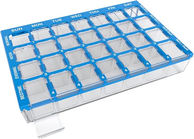 EZY DOSE Weekly AM/PM (7-Day) Daily Pharmadose Pill Planner, Medicine Case, Vitamin and Supplement Organizer, Small Easy Fill Compartments, 4 Times a Day, 28 Compartments, Blue, BPA Free