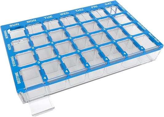 EZY DOSE Weekly AM/PM (7-Day) Daily Pharmadose Pill Planner, Medicine Case, Vitamin and Supplement Organizer, Small Easy Fill Compartments, 4 Times a Day, 28 Compartments, Blue, BPA Free