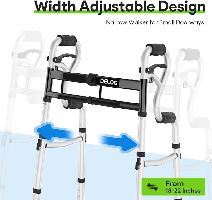 Delog Narrow Folding Walker for Seniors, 3 in 1 Folding Walker with 5” Front Wheels Width Adjustable Compact Standard Walker Support Up to 350lbs (Black)