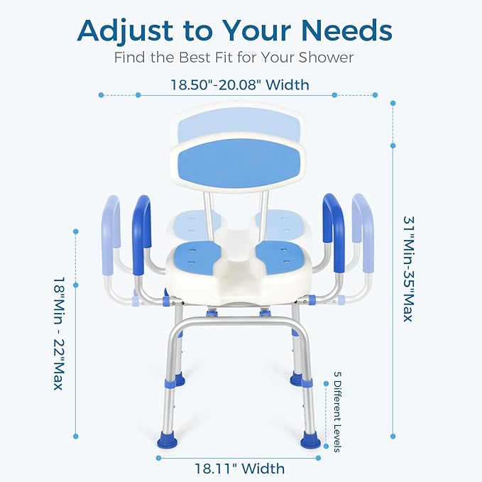 FAHKNS Swivel Senior Bathing Chair with Arms & Back, 400 LBS Heavy Duty U-Shape Seat, Height Adjustable Safety Bath Seat for Tub, Elderly & Disabled
