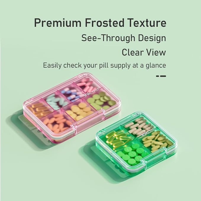 Small Pill Organizer, Waterproof & Portable Pill Case for Daily Travel - Adjustable 4 Compartments Compact Medicine Holder for Vitamins, Pills, Perfect for Purse or Pocket (Green)