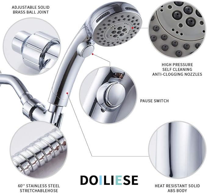 DOILIESE High Pressure Shower Head with Handheld Spray 6 Settings Hand Held Shower Head with On Off Switch and Spa Spray Mode 60 In Hose, Chrome