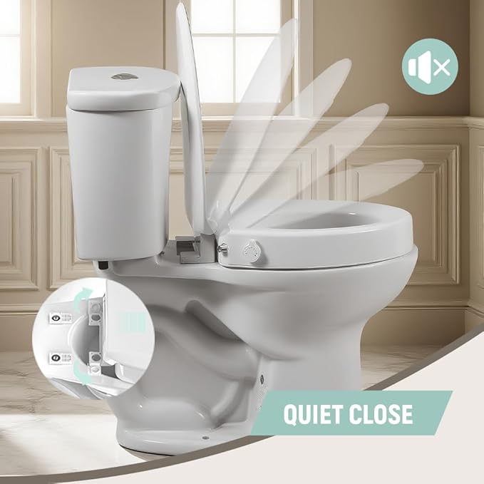 Bidet Toilet Seat Elongated, Raised Toilet Seat with Bidet Adjustable Water Pressure with Dual Nozzles, Non-Electric Bidet Toilet Seat Risers for Seniors (Ambient Water), White