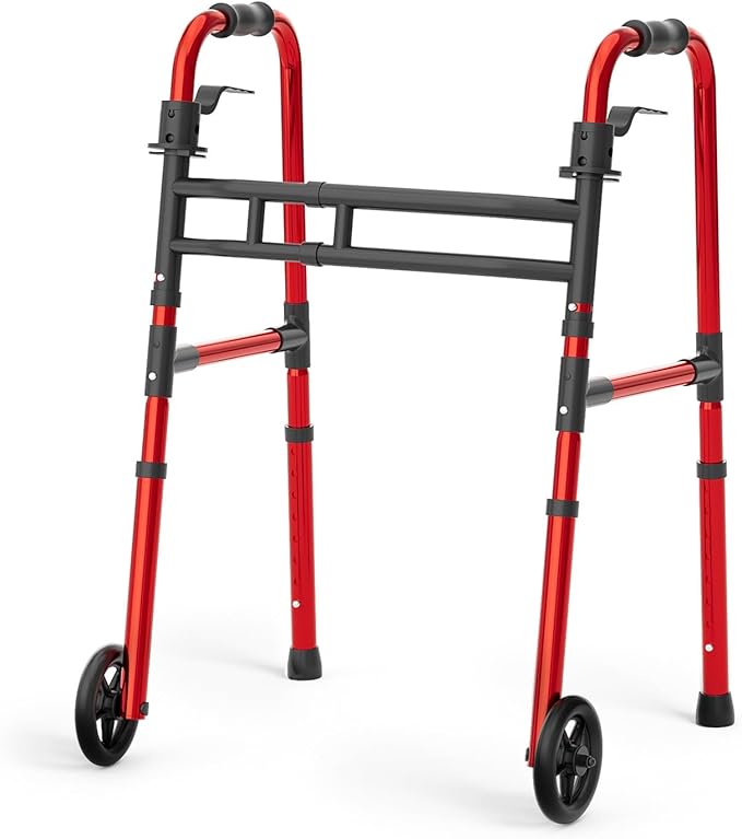 Loyoda Folding Walkers for Seniors Lightweight Walker with 5'' Front Wheel Height and Width Adjustable Aluminum Standard Walker for Elderly Handicap (Red)