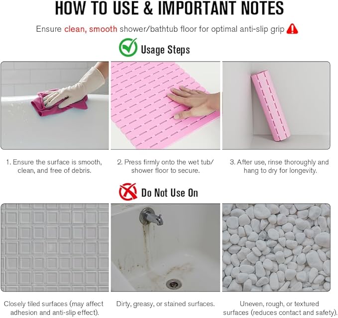 MBOSS Bath Tub Shower Mat Non Slip Bathtub Mats for Bathroom Shower Floor Mat Bath Mats for Shower Tub Anti Slip Shower Mat with Drain Hole and Large Suction Cups (Pink, 27.5 X 15.7 Inch)
