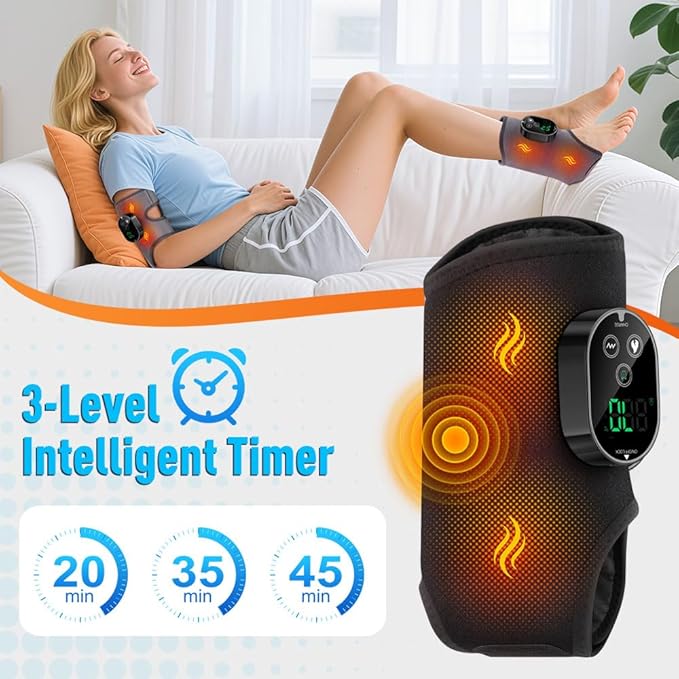 Ankle Massager,3-in-1 Wearable Hot & Vibration Massager for Feet, Ankles, and Arms | Reusable Heating Pad Brace for Home Recovery (Black)