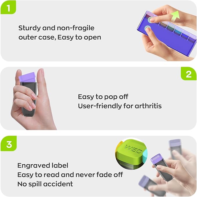 Weekly Pill Organizer 1 Time a Day, HIONXMGA Detachable Travel Pill Box 7 Day, Large Medicine Pill Case Container for Daily Medication Vitamin Supplement Fish Oil, Portable Week Pills Holder, Purple