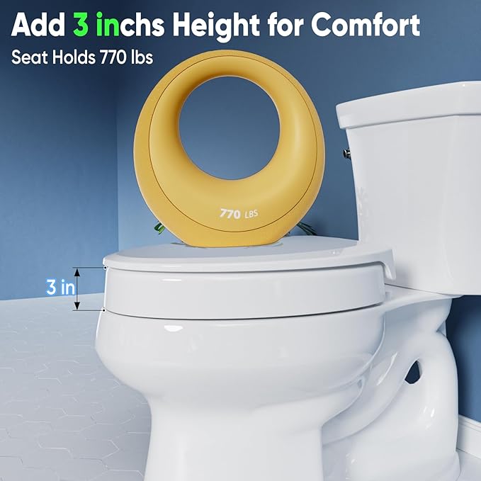 SAMODRA Raised Toilet Seat Riser, White, 3 Inch High Elevated Toilet Seat for Seniors, Soft Close, Easy Install & Clean (Elongated)