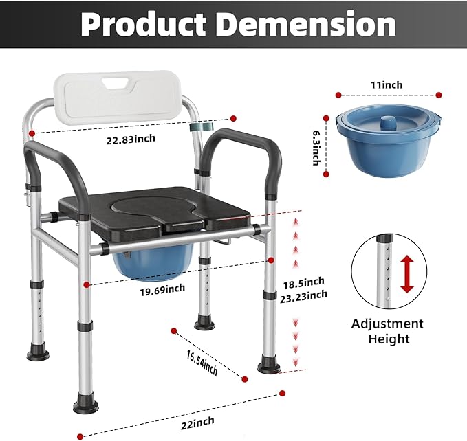 Heavy Duty Bedside Commode Chair with Adjustable Height, Raised Toilet Seat with Arms Handles and Back Support for Elderly, Portable Bedside Toilet with Bucket（Width 19.69")