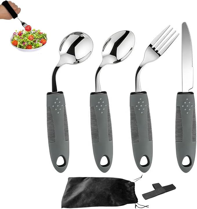 Adaptive Weighted Utensils 4 Piece Set, Non Slip Grip Silverware for Elderly Adults, Easy Hold Assistive Eating Tools for Seniors (Left-handed)
