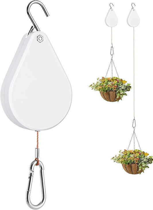 WROSWT Upgraded Retractable Plant Hanger,Plant Pulleys for Hanging Plants,Easy to Raise and Lower,Auto Lock,Heavy Duty, Adjustable Hook for Flower Pots,Birds Feeder (1 Pack,White)