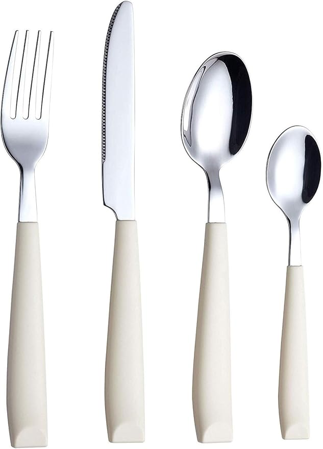 EXZACT 16-Piece Flatware Set for 4 – Colored Stainless Steel Cutlery with Wide Plastic Handles – Comfortable Tableware: Forks, Knives, Spoons, Teaspoons