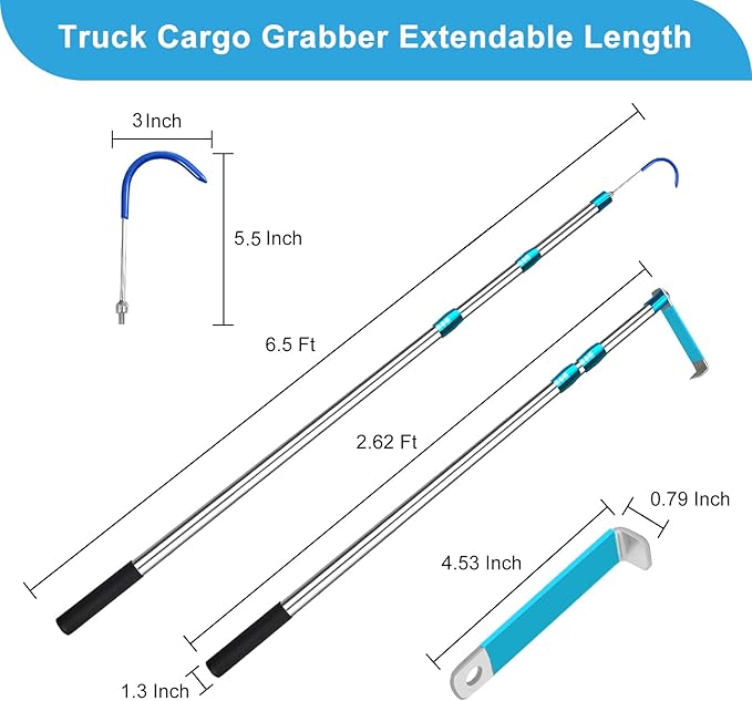 6.3 Ft Truck Cargo Grabber Reach Retriever Tool, Expandable Heavy Duty Stainless Steel Truck Telescoping Pull Pole with Two Hooks for PickupTruck SUV Boat Accessories