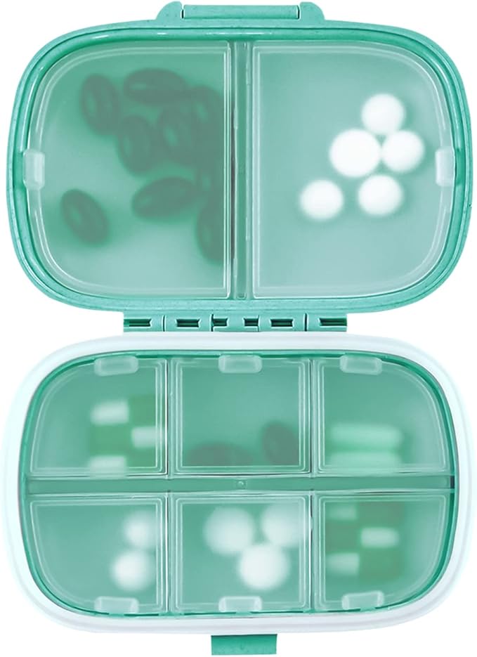 1Pack Travel Pill Organizer, 8 Compartments Portable Pill Case, Small Pill Box for Pocket Purse Portable Medicine Vitamin Container Blue