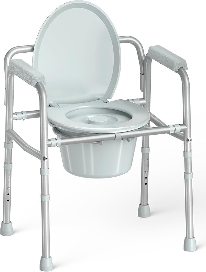 HOMLAND 3-in-1 Bedside Commode Chair with Sturdy Dual-Crossbar Support Construction, Stable Portable Commode Toilet with 7.5Qt Potty Bucket, 350 Lbs Bedside Commodes for Seniors, Silver