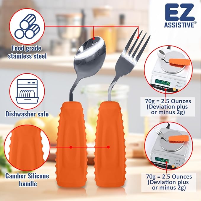 EZ Assistive Adaptive Weighted Utensils Set – Spoon and Fork for Hand Tremors, Parkinson’s, Elderly, and Arthritis – Adaptive Eating Utensils for Weak Grip and Limited Mobility
