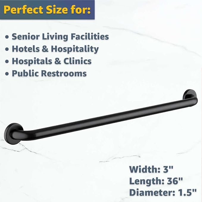 36" Stainless Steel Matte Black Restroom Grab Bar for Elderly - Wall Mounted Safety Rail, 250 lb Weight Support, Anti-Slip Handle for Toilet, Shower, Commercial & Home Bathroom