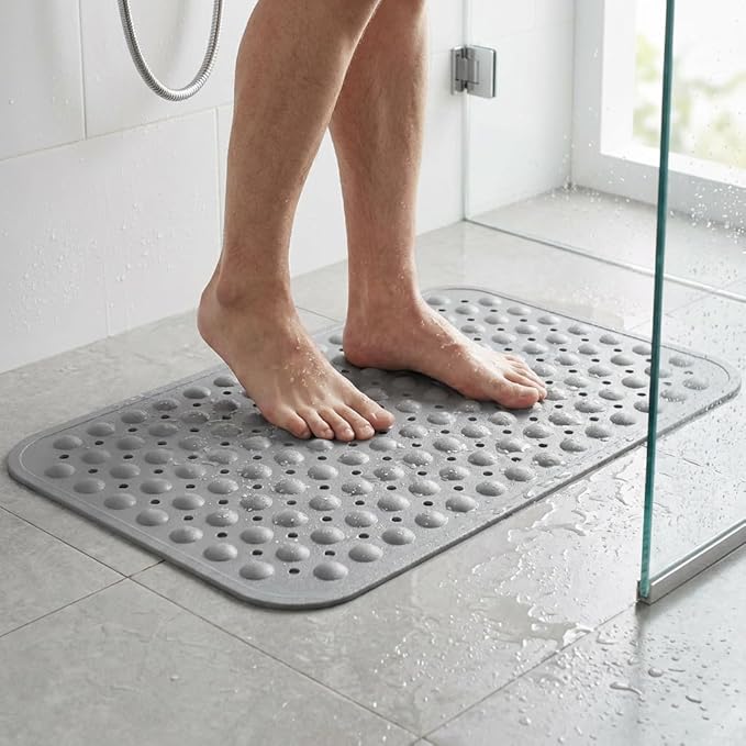 Minimalist TPE Bathtub Mat Non Slip for Tub & Shower, Bath Mat with Strong Suction Cups, Soft Comfortable Shower Mat, Quick Drain Holes, Machine Washable, Large Light Grey Mats, 27.5’’ x 16’’