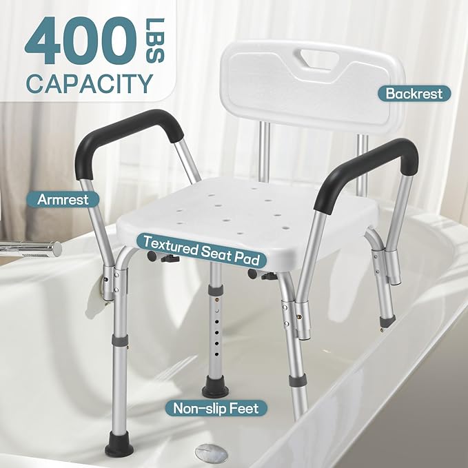 TABEKE Shower Chair for Inside Shower, Shower Chair with Backrest & Armrest, Anti-Slip Feet, Height Adjustable Shower Bench, Shower Seat for Elderly and Disabled-400lb