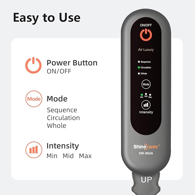 SHINE WELL Leg Compression Massager, Leg Massager for Circulation and Pain Relief, Air Compression Leg Massager with 3 Modes 3 Intensities 2 Extenders and Adjustable Wraps