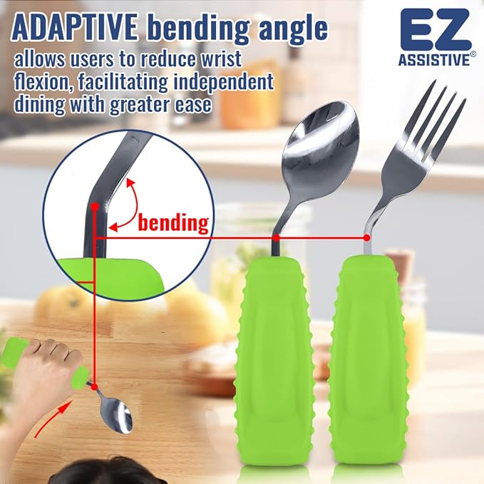 Adaptive Utensils, Weight Utensils for Tremors and Parkinson Patients, Utensil Set Spoon and Fork for Elderly (Left Hand - 1 Set Green Spoon and Fork)
