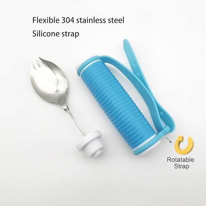 Flexible Stainless Steel Sporks Fork and Spoon All-in-One with Adjustable Silicone Strap 360 Degree Rotatable Dining Utensils Eating Aids for Disabled Patient Elder Arthritis People Handicapped