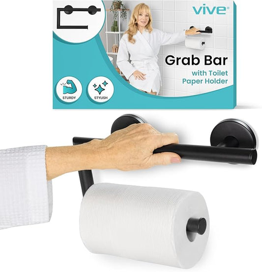 Vive Grab Bar with Toilet Paper Holder (350lbs) - Handrail Bar Combo for Bathroom Wall - Safety Support for Elderly, Seniors & Disabled - Handicap Assist for Restroom Walls & Getting up from Toilets