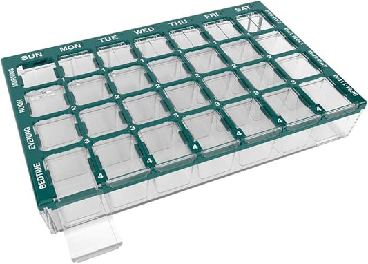 EZY DOSE Weekly AM/PM (7-Day) Daily Pharmadose Pill Planner, Medicine Case, Vitamin and Supplement Organizer, Small Easy Fill Compartments, 4 Times a Day, 28 Compartments, Green, BPA Free
