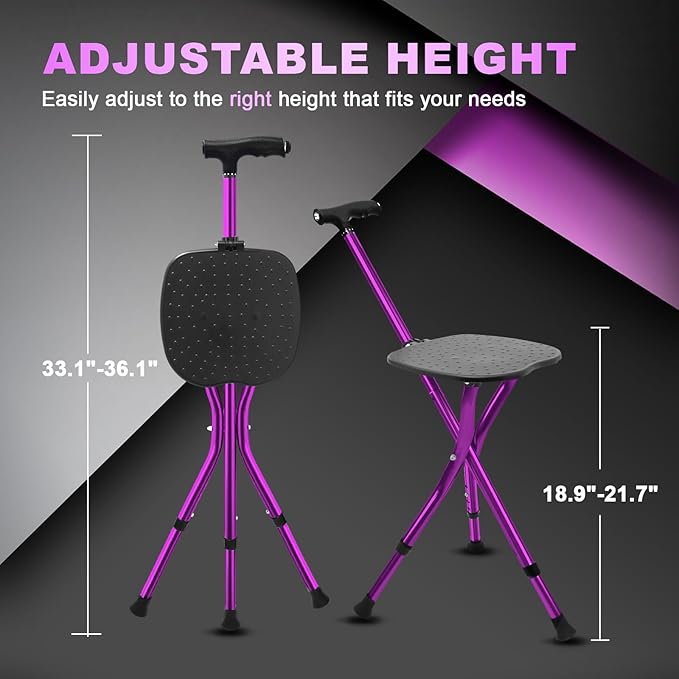 BigAlex Alloy Folding Cane with Seat, Lightweight Adjustable Walking Cane with Seat, Cane Seat with LED for Seniors, Cane Chair for Woman/Man,Anti-Slip Walking Stick for Seniors